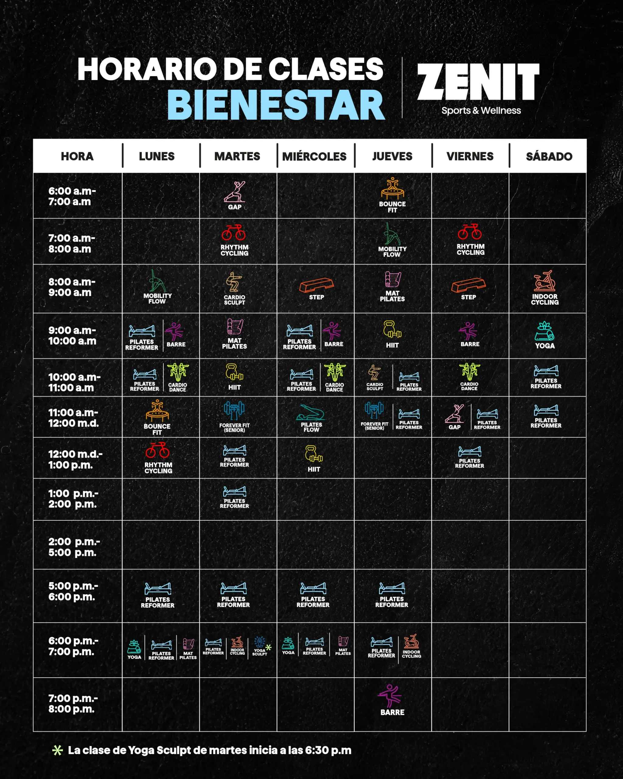 Horario de clases de Bienestar Zenit.